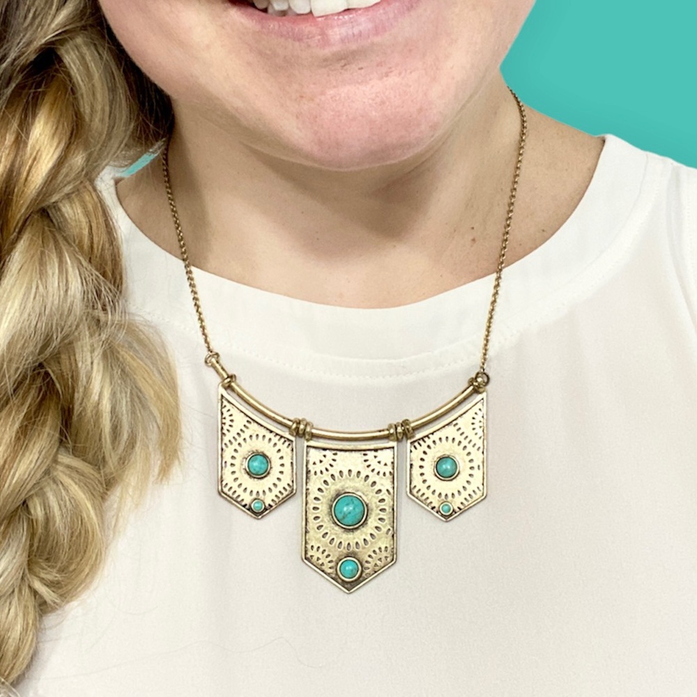Cleobella for Lucky Brand Turquoise Antiqued Gold Perforated Statement Necklace